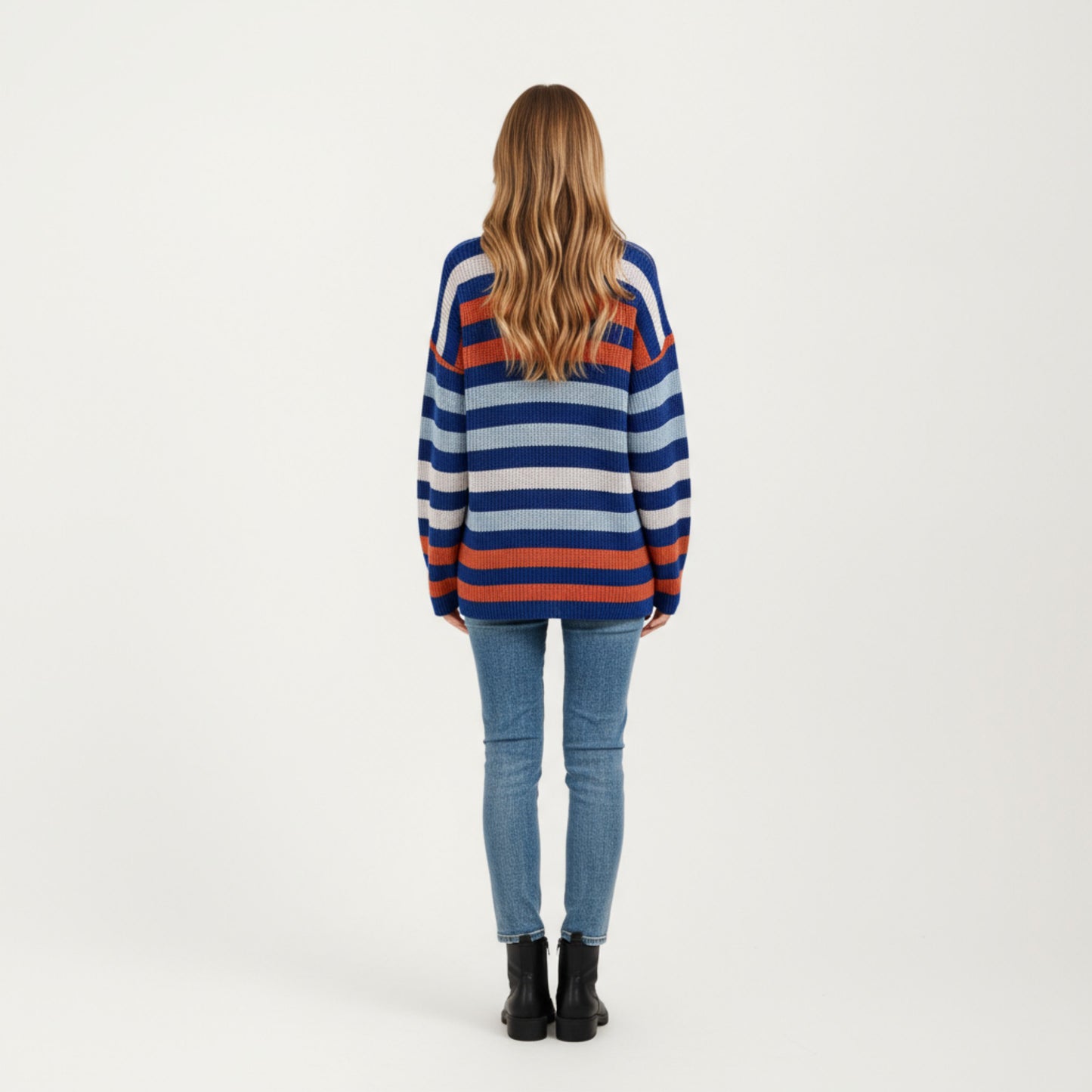 Long Sleeve Crew Neck Striped Knit Sweater with Relaxed Fit