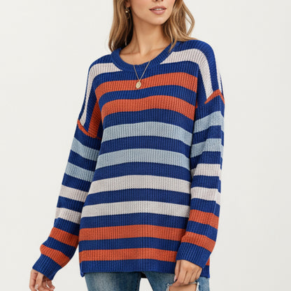 Long Sleeve Crew Neck Striped Knit Sweater with Relaxed Fit