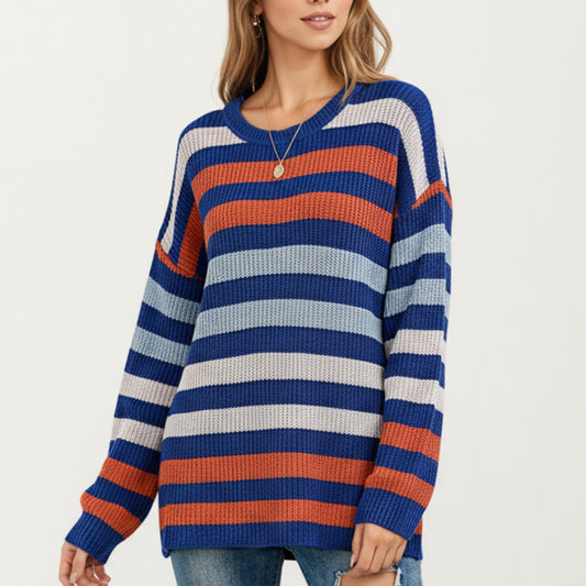 Long Sleeve Crew Neck Striped Knit Sweater with Relaxed Fit