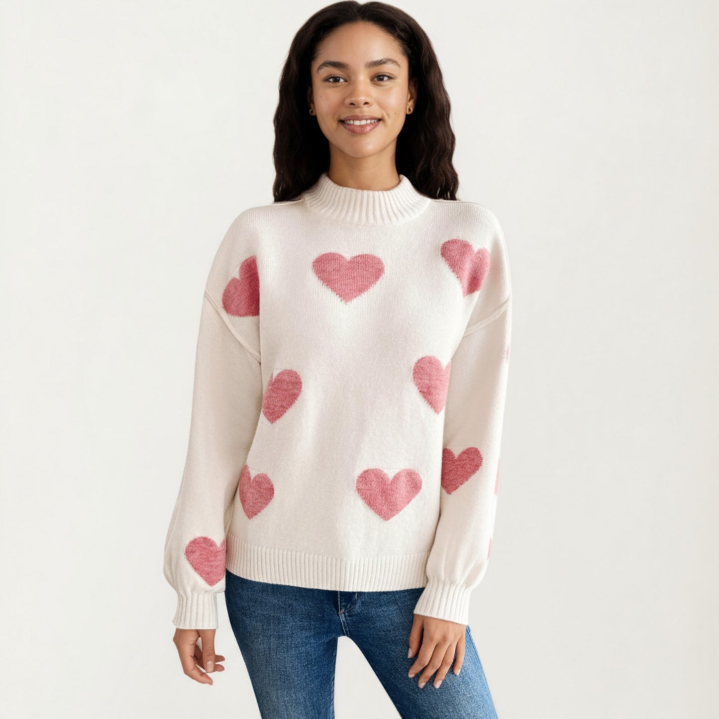 Long Sleeve Knit Sweater with Heart Pattern and Ribbed Trim