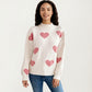 Long Sleeve Knit Sweater with Heart Pattern and Ribbed Trim