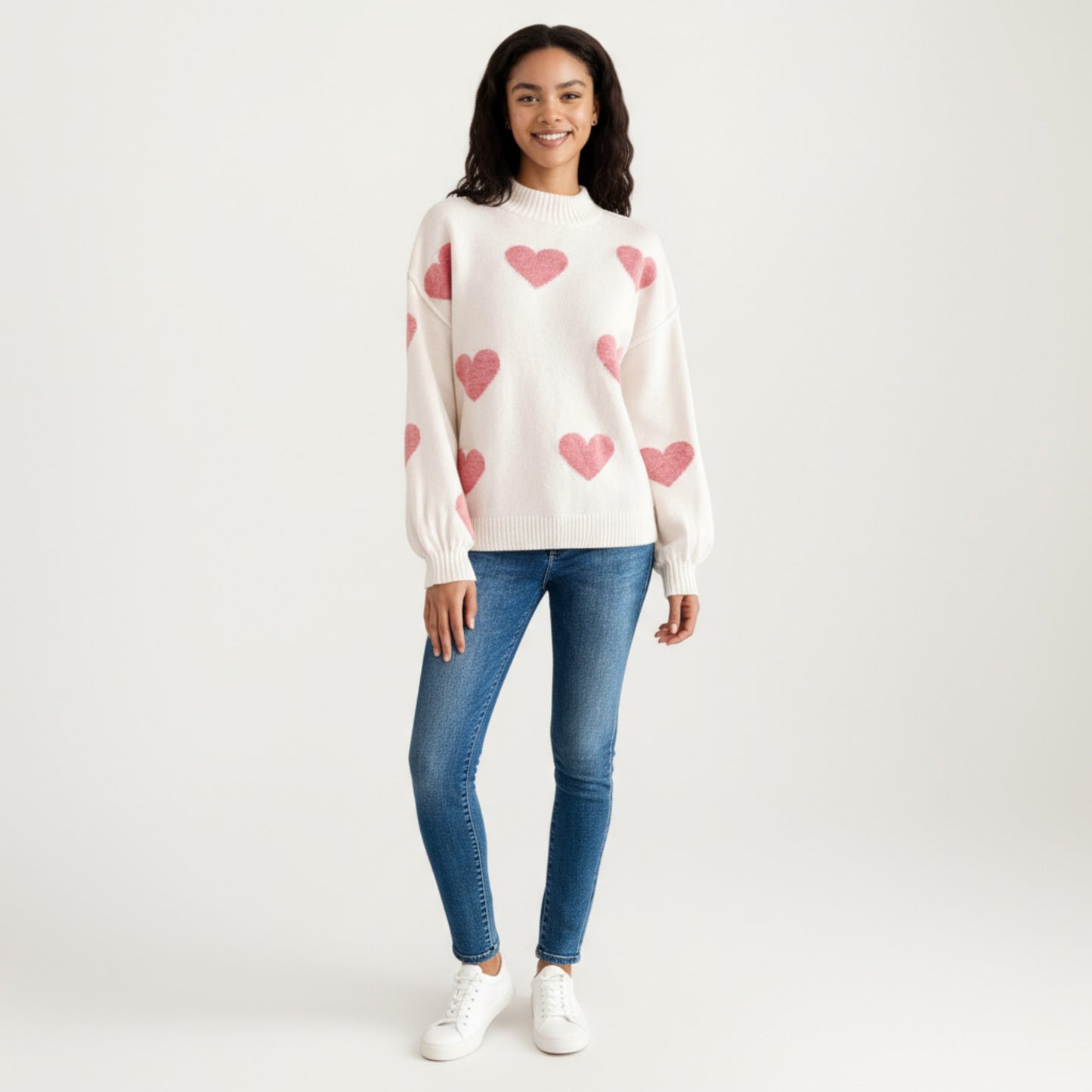 Long Sleeve Knit Sweater with Heart Pattern and Ribbed Trim