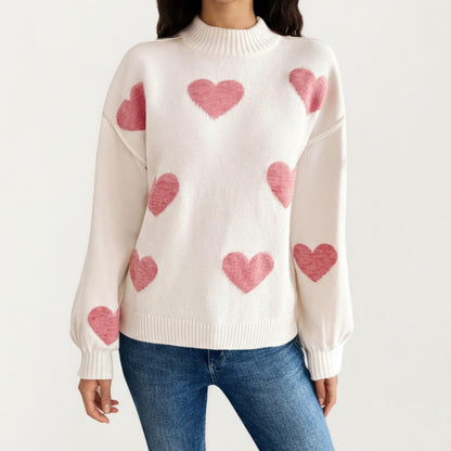 Long Sleeve Knit Sweater with Heart Pattern and Ribbed Trim