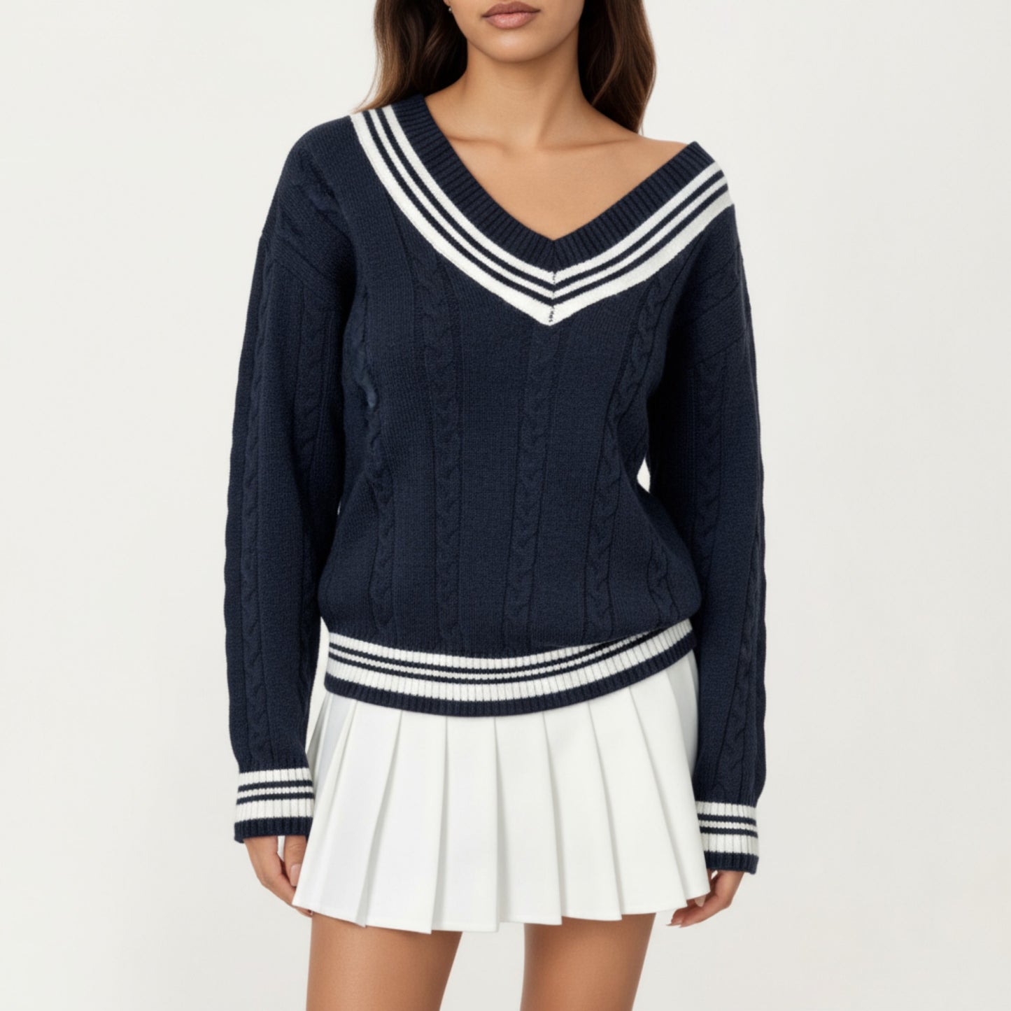 V-Neck Cable Knit Sweater with Striped Trim and Ribbed Hem