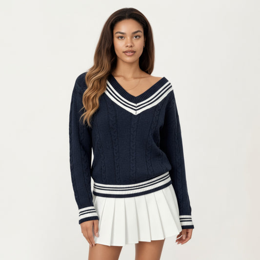 V-Neck Cable Knit Sweater with Striped Trim and Ribbed Hem
