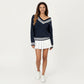 V-Neck Cable Knit Sweater with Striped Trim and Ribbed Hem