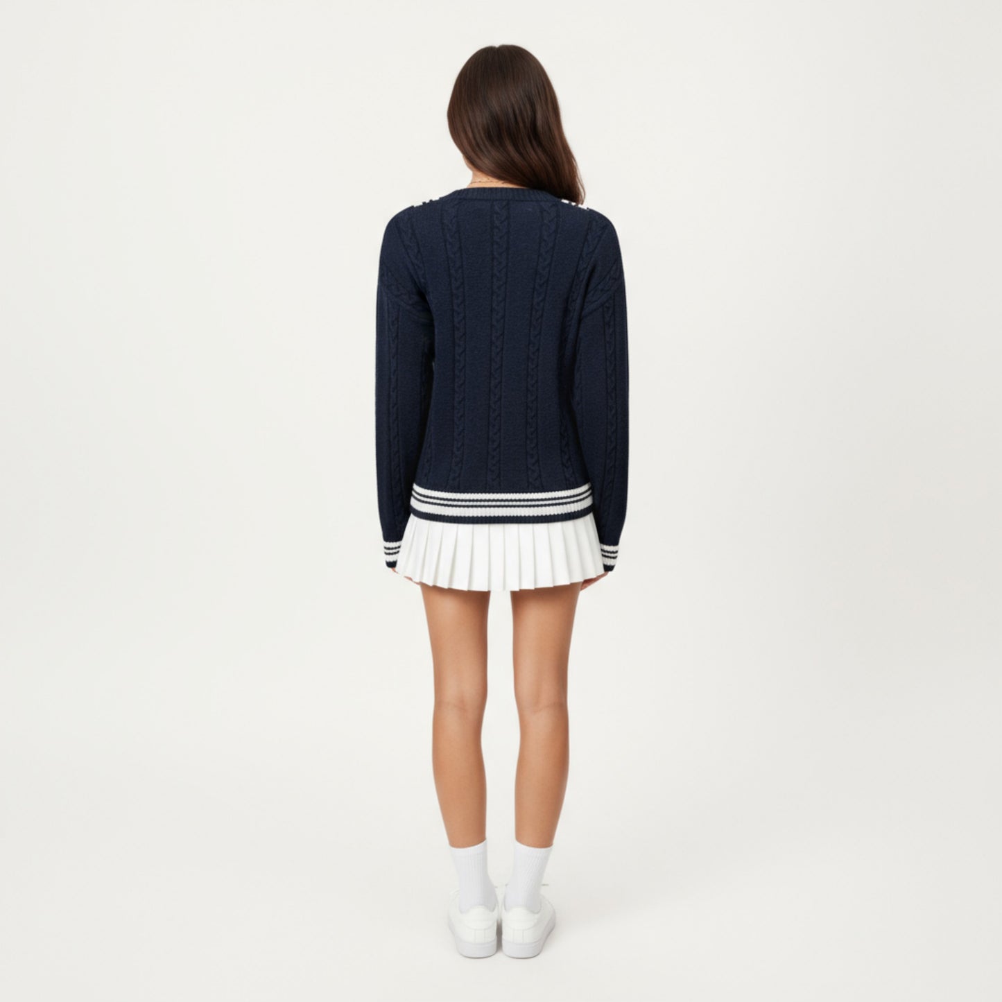V-Neck Cable Knit Sweater with Striped Trim and Ribbed Hem