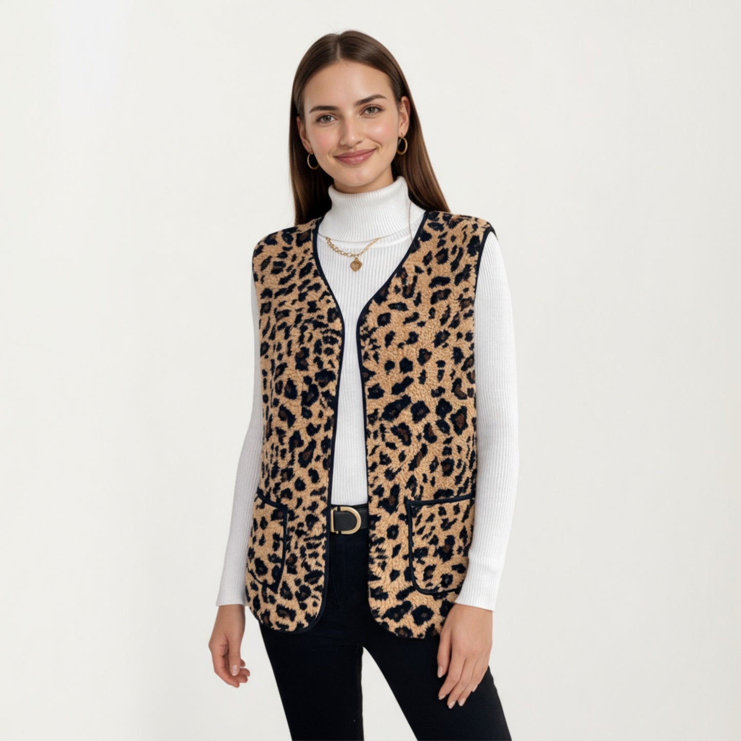 Leopard Print Open Front Vest with Contrast Trim and Front Pockets