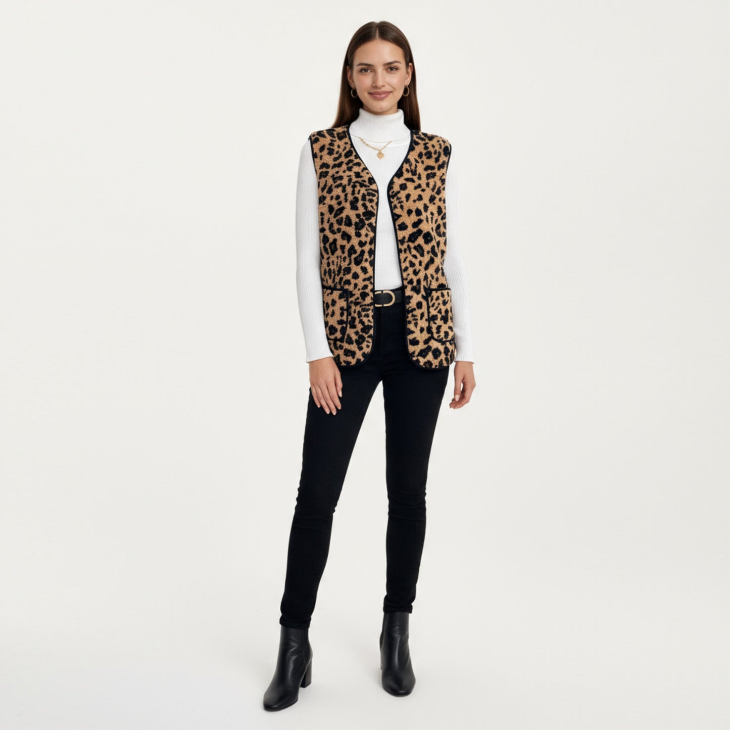 Leopard Print Open Front Vest with Contrast Trim and Front Pockets