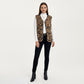 Leopard Print Open Front Vest with Contrast Trim and Front Pockets