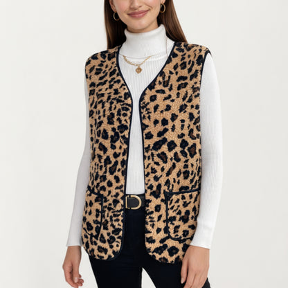 Leopard Print Open Front Vest with Contrast Trim and Front Pockets