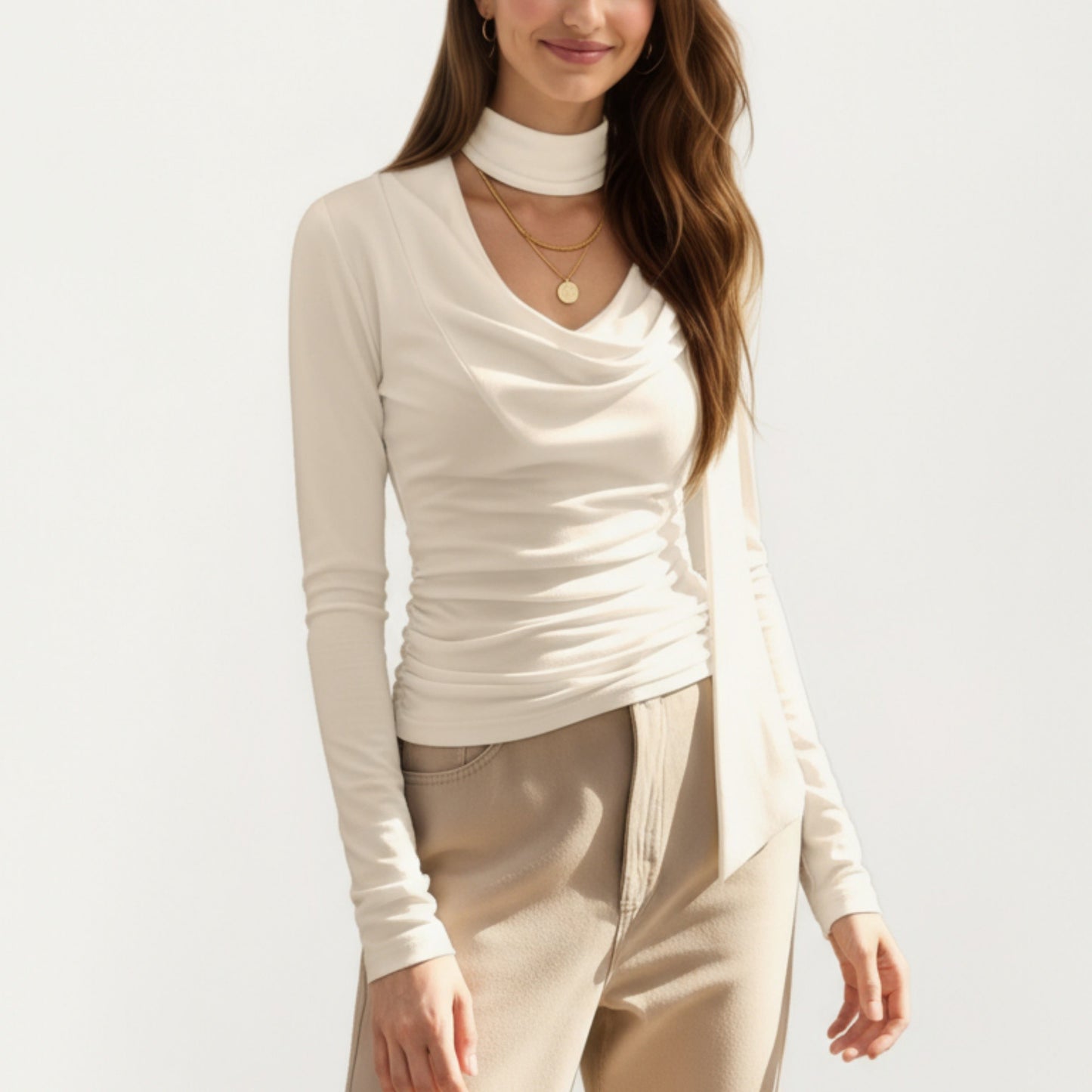 Long Sleeve Draped Cowl Neck Top with Attached Scarf Detail