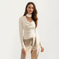 Long Sleeve Draped Cowl Neck Top with Attached Scarf Detail