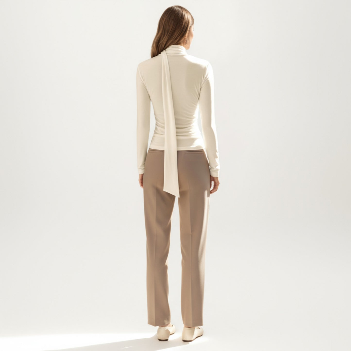 Long Sleeve Draped Cowl Neck Top with Attached Scarf Detail