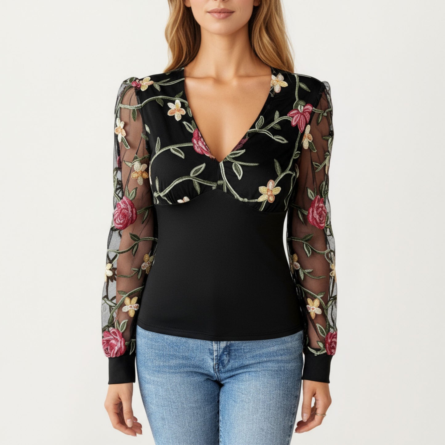 Long Sleeve Sheer Floral Embroidered Mesh Top with Fitted Bodice