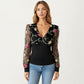 Long Sleeve Sheer Floral Embroidered Mesh Top with Fitted Bodice