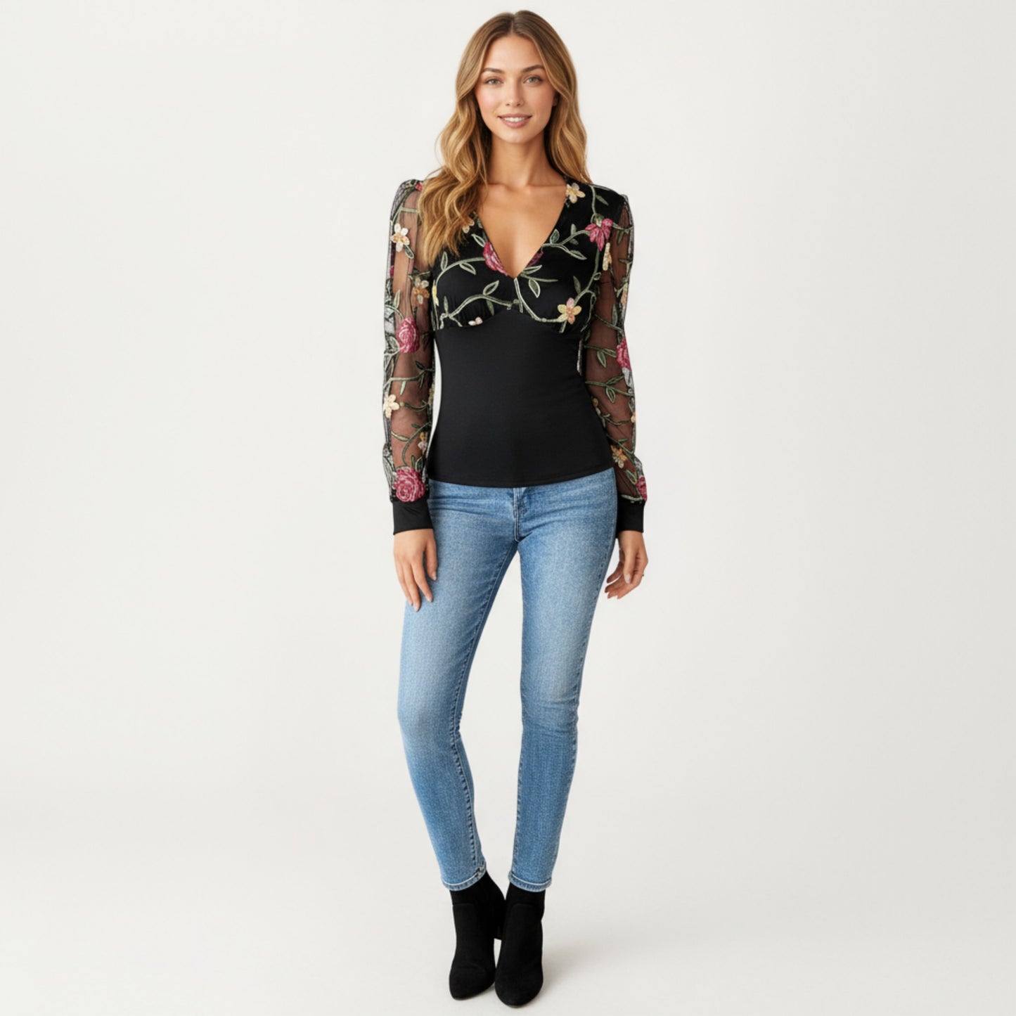 Long Sleeve Sheer Floral Embroidered Mesh Top with Fitted Bodice