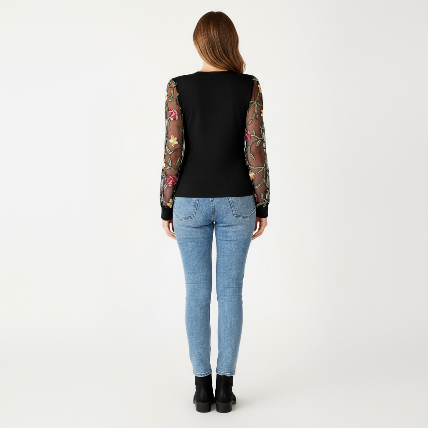 Long Sleeve Sheer Floral Embroidered Mesh Top with Fitted Bodice