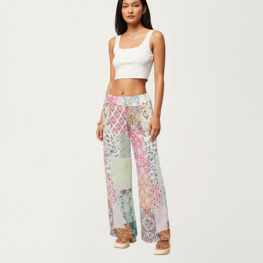 Patchwork Print Wide Leg Pants with Soft Flowing Drape Comfortable Stretch Waist