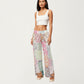 Patchwork Print Wide Leg Pants with Soft Flowing Drape Comfortable Stretch Waist