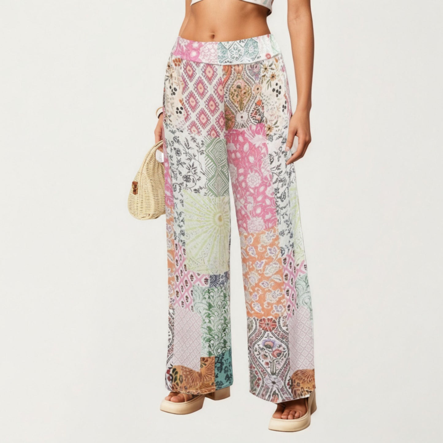 Patchwork Print Wide Leg Pants with Soft Flowing Drape Comfortable Stretch Waist