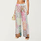 Patchwork Print Wide Leg Pants with Soft Flowing Drape Comfortable Stretch Waist
