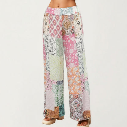 Patchwork Print Wide Leg Pants with Soft Flowing Drape Comfortable Stretch Waist