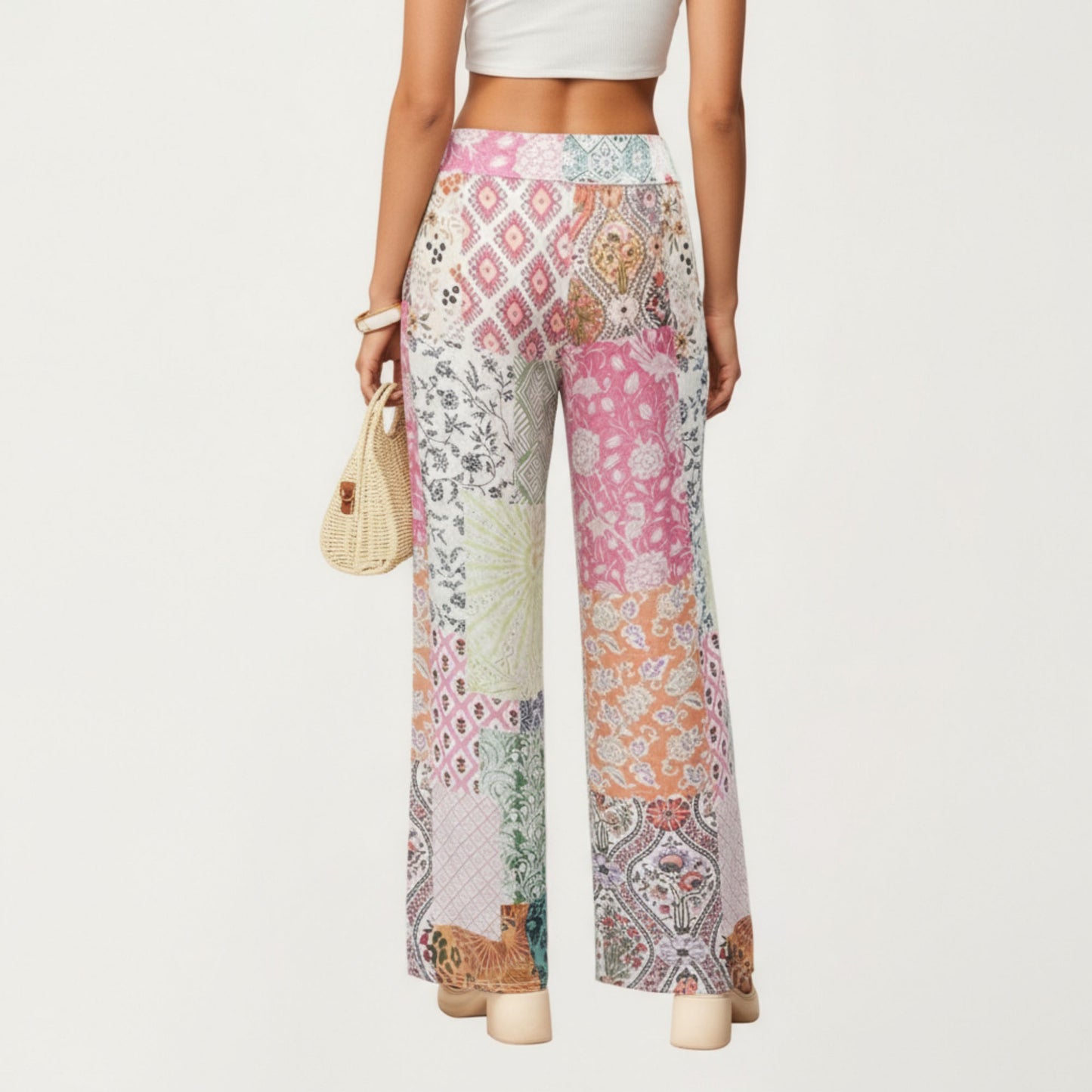 Patchwork Print Wide Leg Pants with Soft Flowing Drape Comfortable Stretch Waist