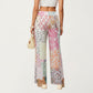 Patchwork Print Wide Leg Pants with Soft Flowing Drape Comfortable Stretch Waist