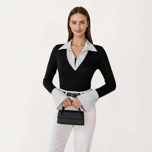 Contrast Collar Long Sleeve Top with Deep V Neckline Striped Cuffs and Tailored Trim Detailing