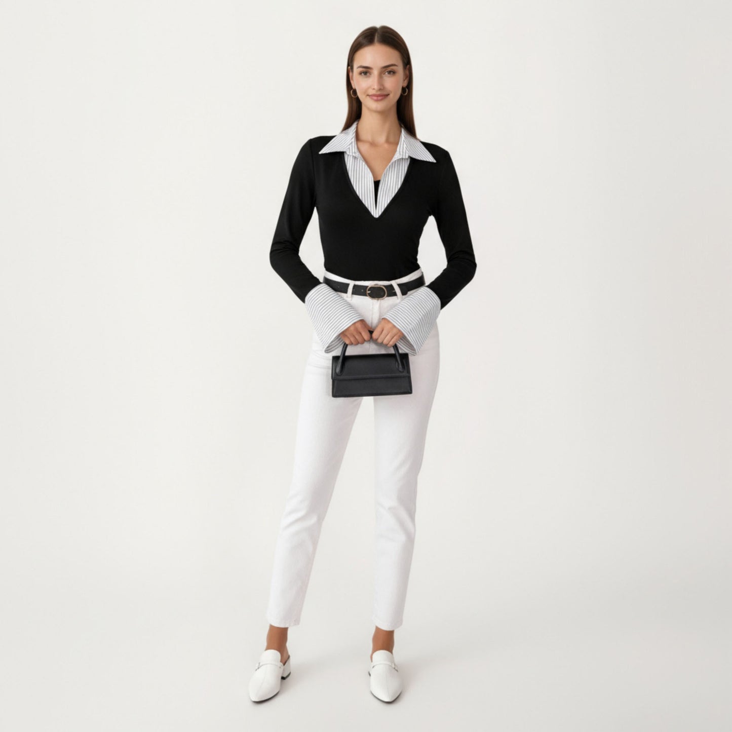 Contrast Collar Long Sleeve Top with Deep V Neckline Striped Cuffs and Tailored Trim Detailing