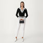 Contrast Collar Long Sleeve Top with Deep V Neckline Striped Cuffs and Tailored Trim Detailing