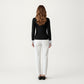 Contrast Collar Long Sleeve Top with Deep V Neckline Striped Cuffs and Tailored Trim Detailing