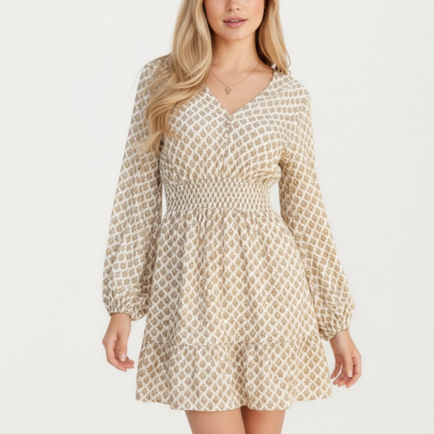 Printed Long Sleeve Mini Dress with Smocked Waist Soft Lightweight Fabric V-Neckline and Tiered Skirt