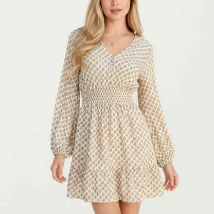 Printed Long Sleeve Mini Dress with Smocked Waist Soft Lightweight Fabric V-Neckline and Tiered Skirt