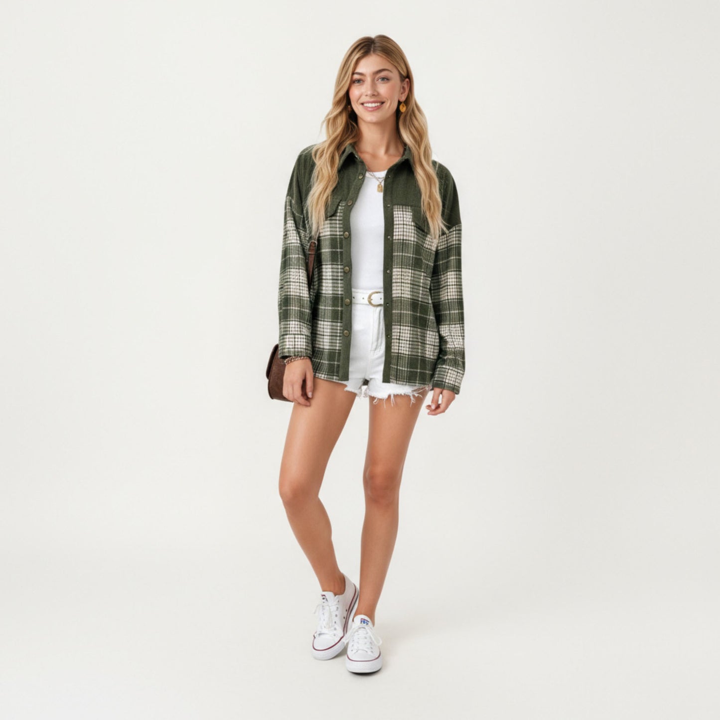Plaid Button Down Shirt Jacket with Chest Pocket Soft Textured Woven Fabric Relaxed Long Sleeve Design