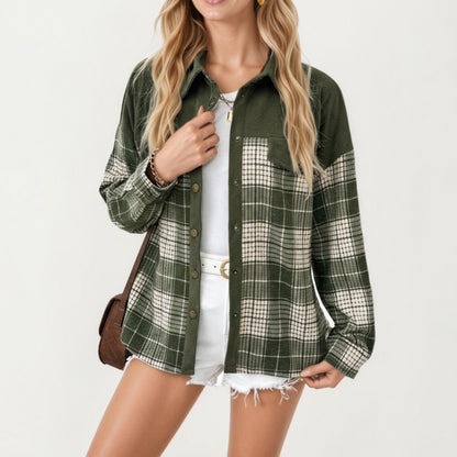 Plaid Button Down Shirt Jacket with Chest Pocket Soft Textured Woven Fabric Relaxed Long Sleeve Design