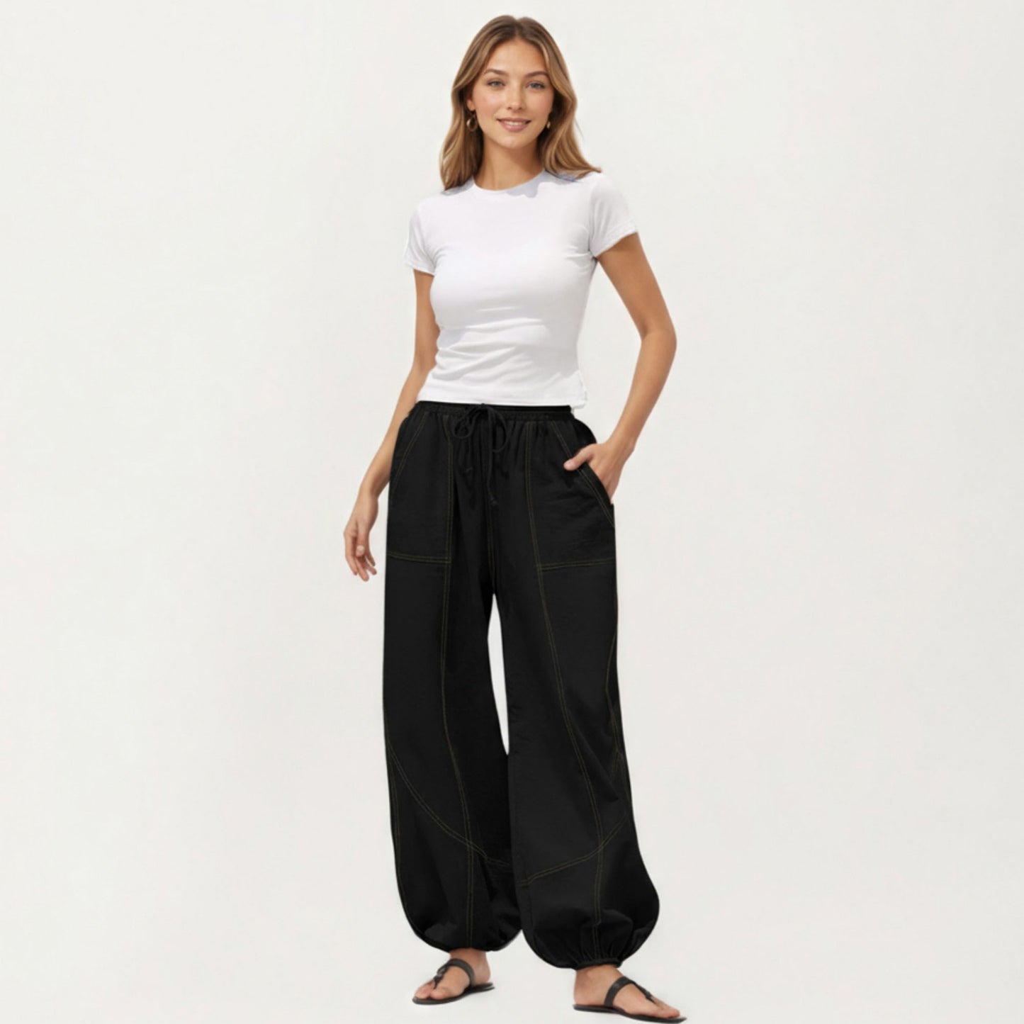 Wide Leg Drawstring Pants with Contrast Stitching Front Patch Pockets Relaxed Elastic Hem Design