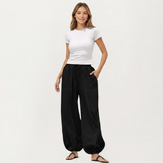 Wide Leg Drawstring Pants with Contrast Stitching Front Patch Pockets Relaxed Elastic Hem Design