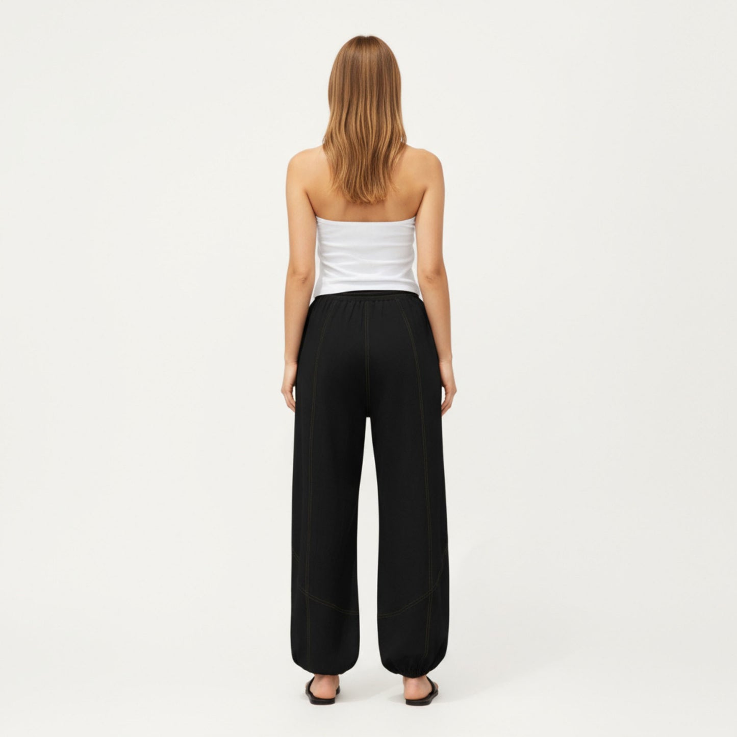 Wide Leg Drawstring Pants with Contrast Stitching Front Patch Pockets Relaxed Elastic Hem Design