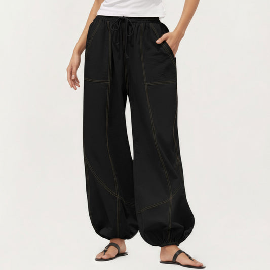 Wide Leg Drawstring Pants with Contrast Stitching Front Patch Pockets Relaxed Elastic Hem Design