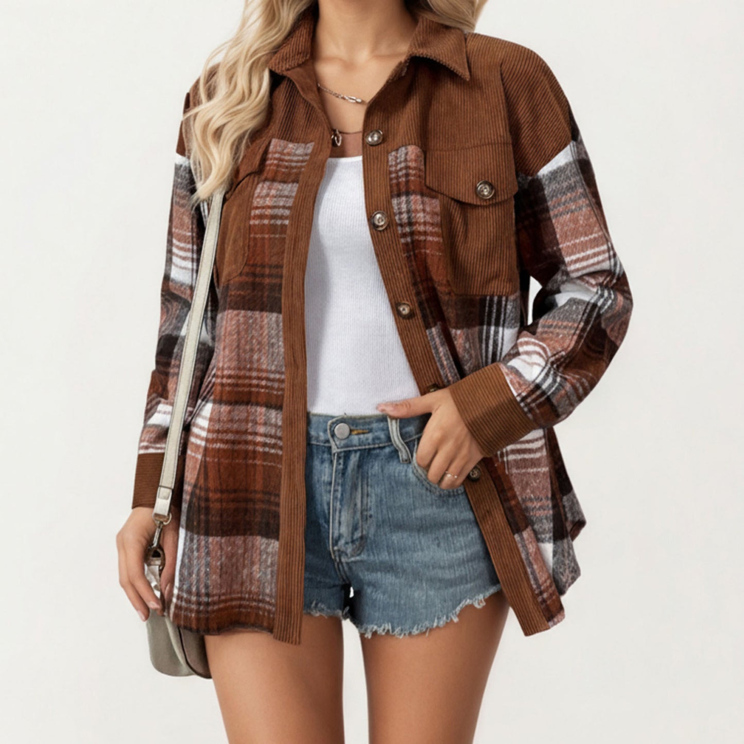 Plaid Button Front Shirt Jacket with Soft Corduroy Contrast Long Sleeves Chest Pocket Detail