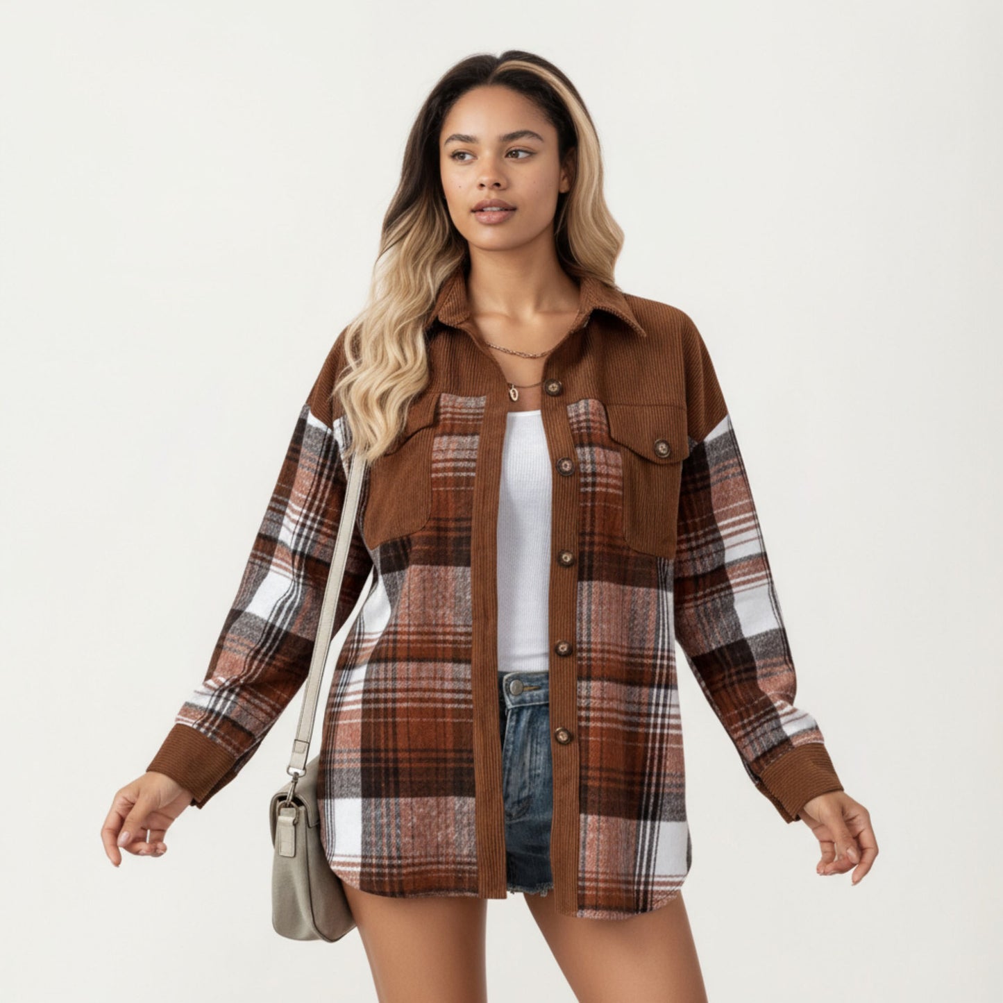 Plaid Button Front Shirt Jacket with Soft Corduroy Contrast Long Sleeves Chest Pocket Detail
