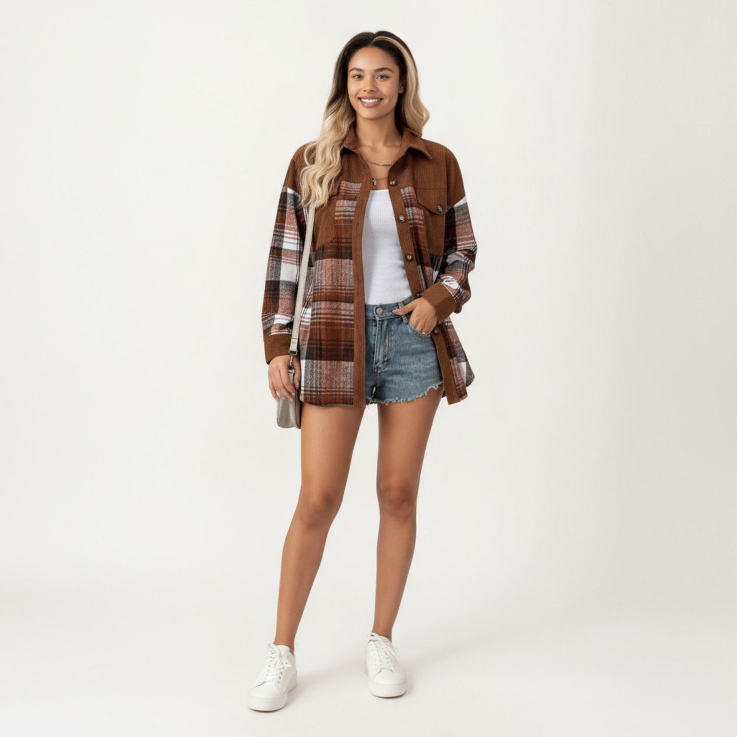 Plaid Button Front Shirt Jacket with Soft Corduroy Contrast Long Sleeves Chest Pocket Detail