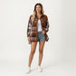 Plaid Button Front Shirt Jacket with Soft Corduroy Contrast Long Sleeves Chest Pocket Detail