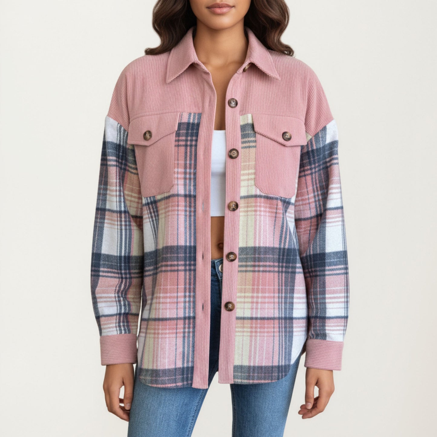 Plaid Button Front Shirt Jacket with Soft Corduroy Contrast Long Sleeves Chest Pocket Detail