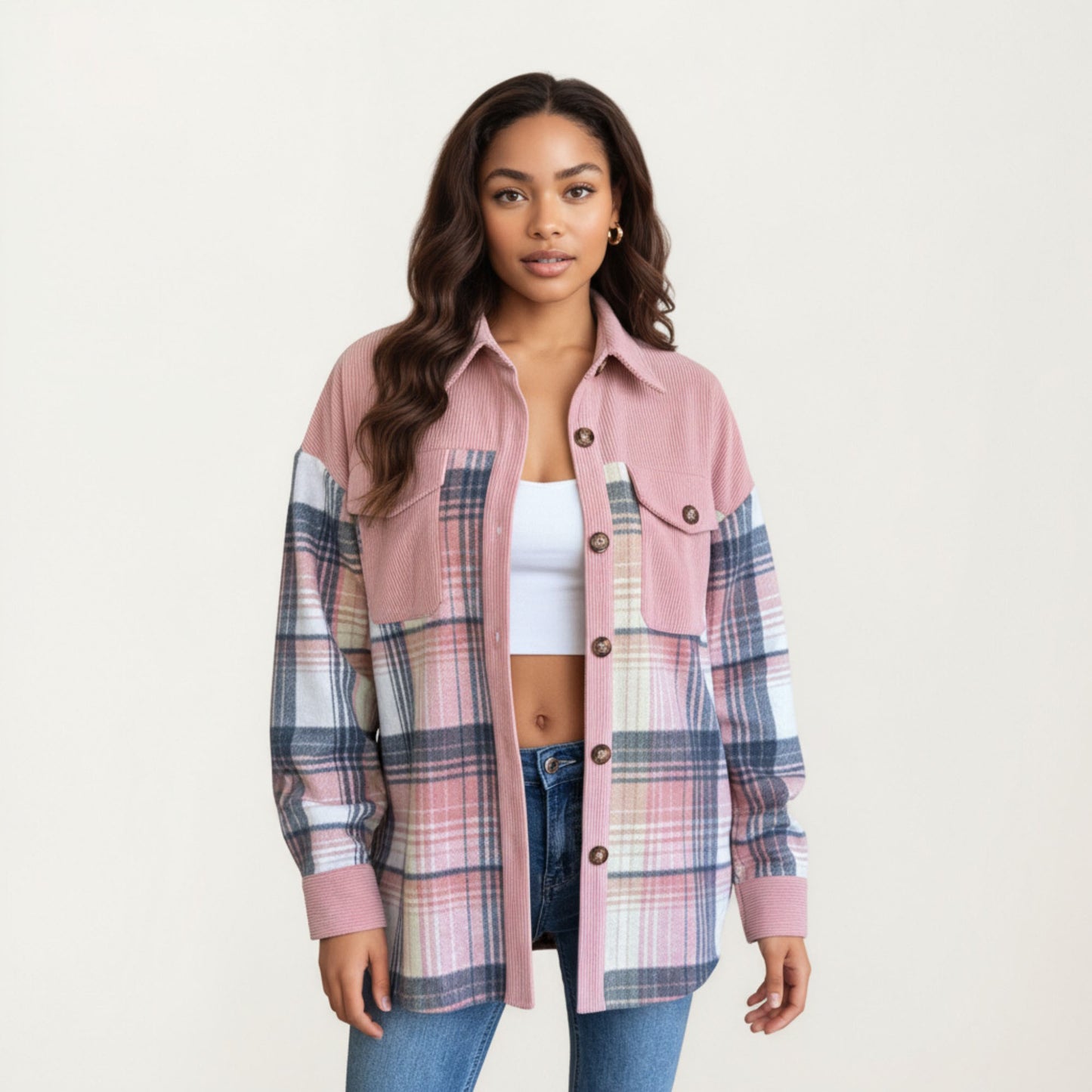Plaid Button Front Shirt Jacket with Soft Corduroy Contrast Long Sleeves Chest Pocket Detail
