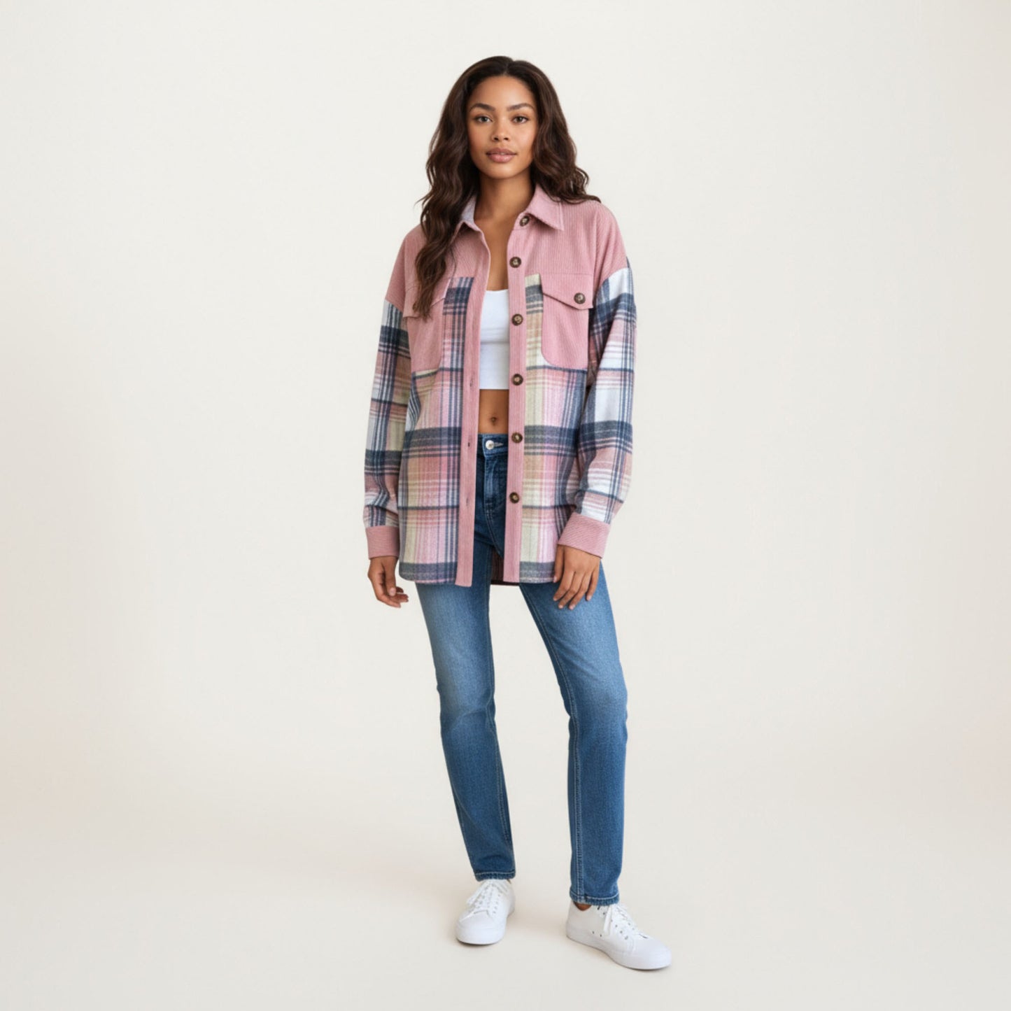 Plaid Button Front Shirt Jacket with Soft Corduroy Contrast Long Sleeves Chest Pocket Detail