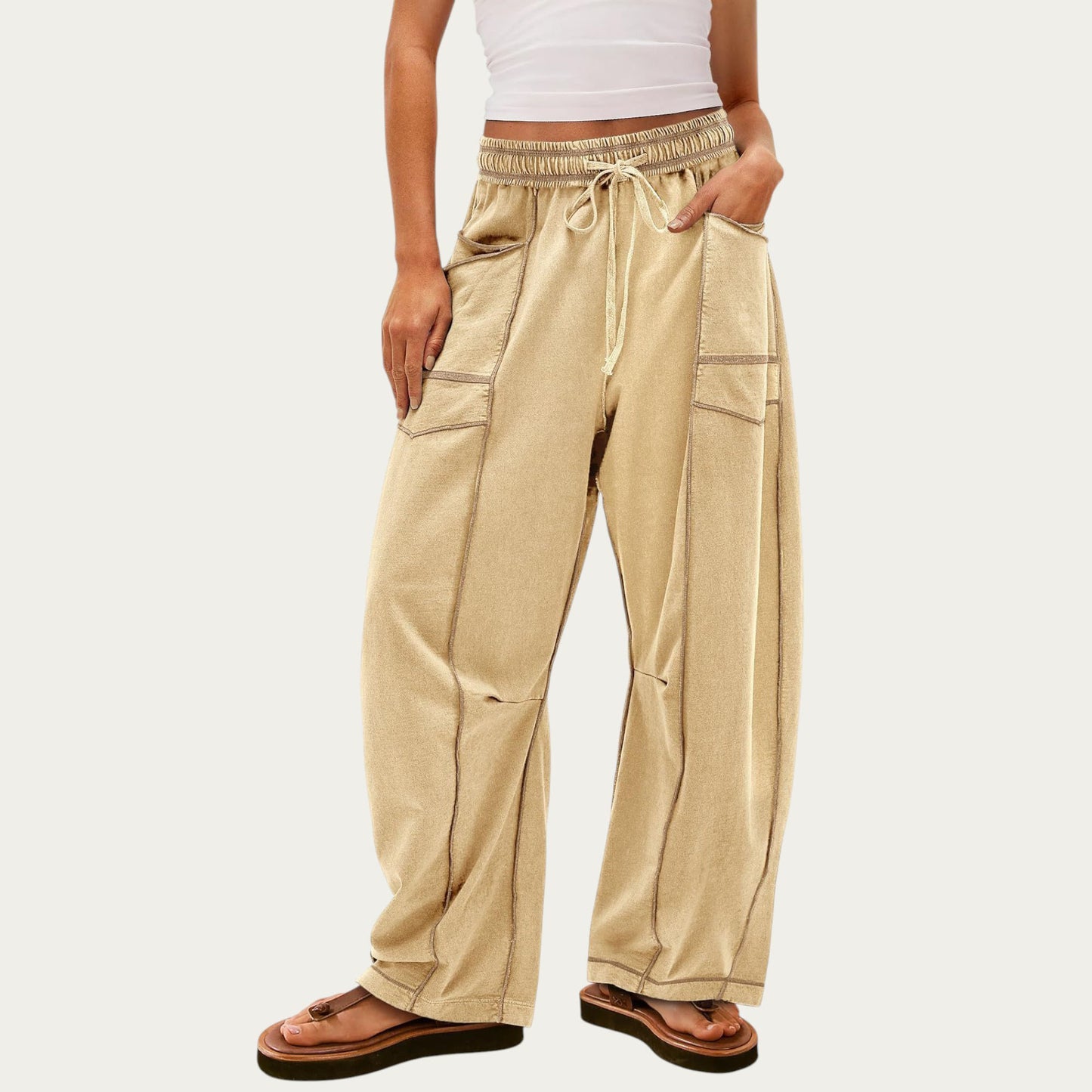 Soft Wide Leg Pants with Cargo Style Seam Detailing Adjustable Drawstring Waistband and Relaxed Stretch Fit