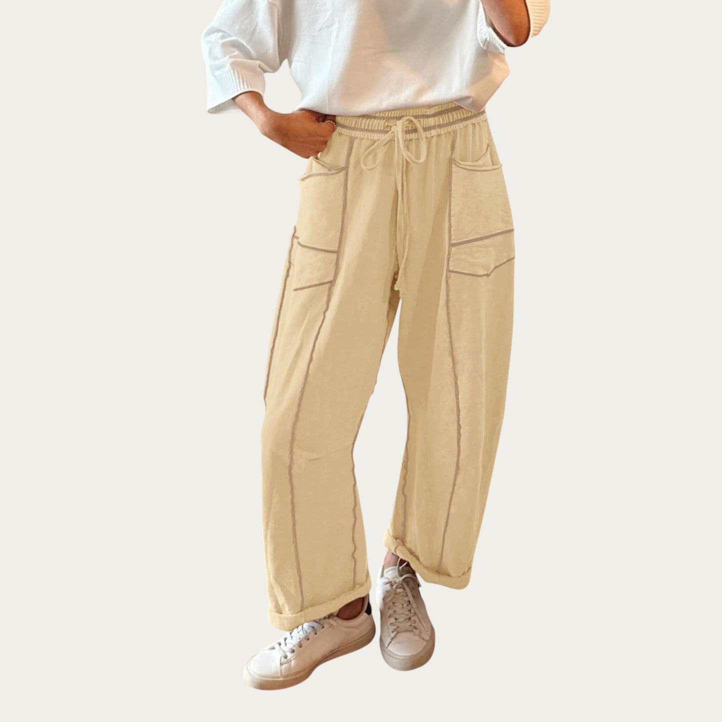Soft Wide Leg Pants with Cargo Style Seam Detailing Adjustable Drawstring Waistband and Relaxed Stretch Fit